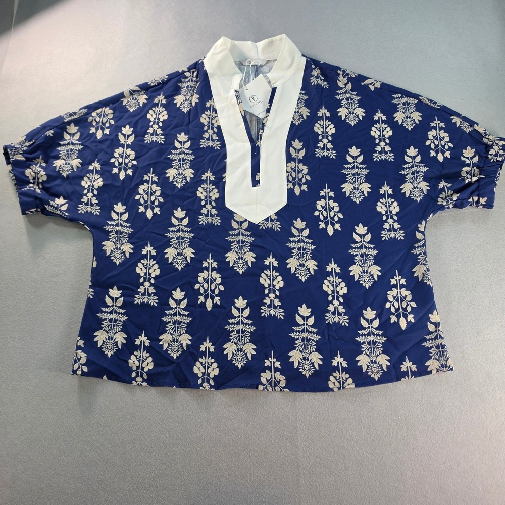 Cicy Bell Navy Floral Blouse M New Puff Sleeve Split Neck Boho Feminine